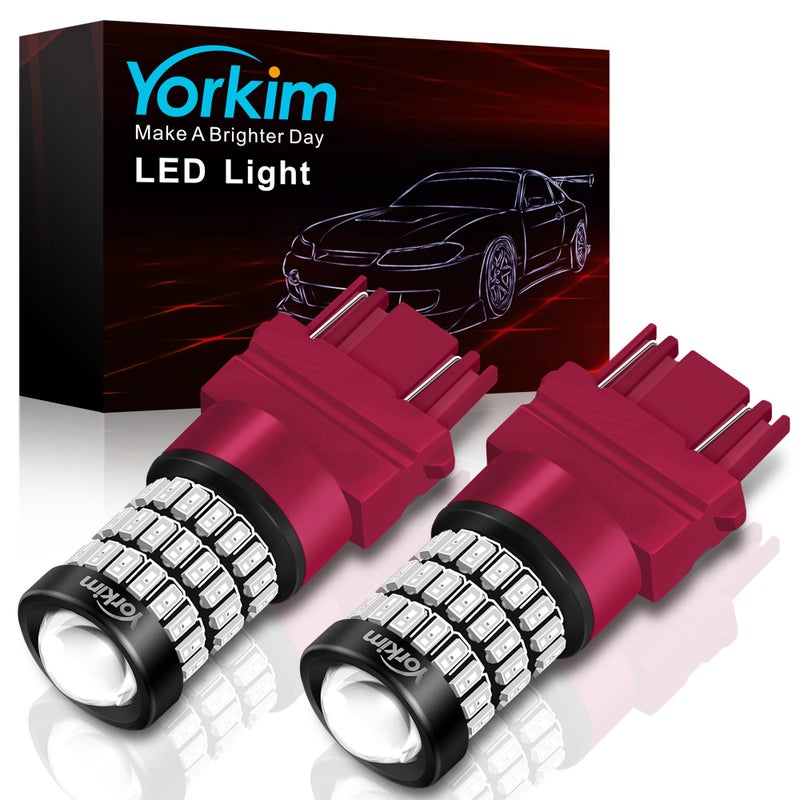 Yorkim لمبة يوركيم 3157 LED حمراء لمبة فرامل 3157 لمبات إضاءة خلفية 3157 لمبات فرامل وامضة مع بروجيكتور 3056 3156 3057 4057 4157 T25 لمبات LED حمراء، عبوة من 2 - Image 1